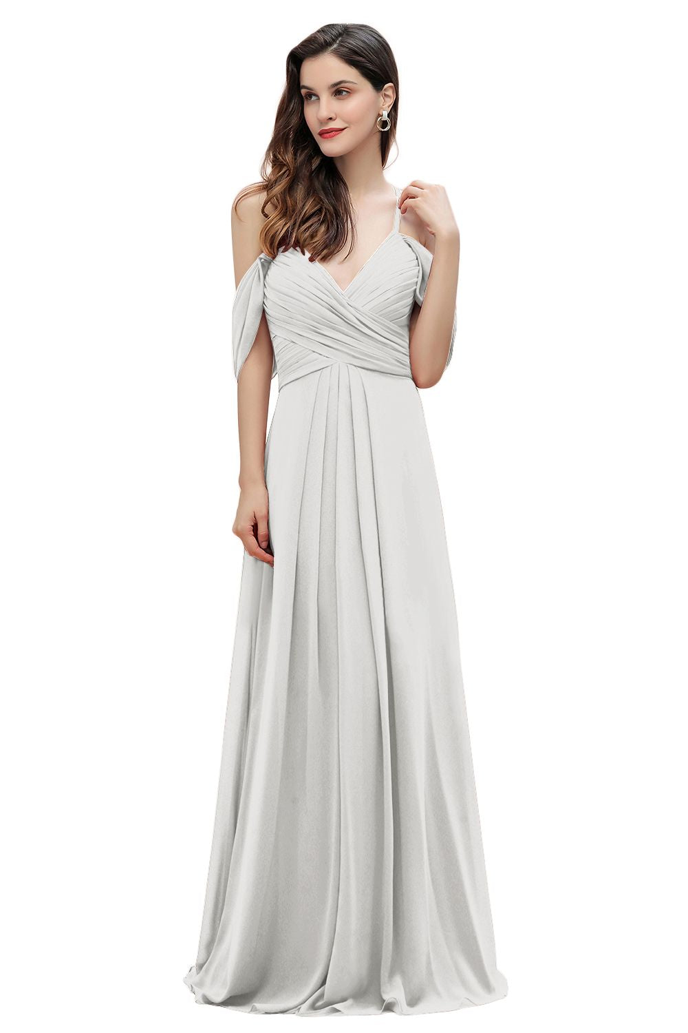 A-Line V-neck Off-the-Shoulder Chiffon Bridesmaid Dress Long Wedding Party Dress-BIZTUNNEL