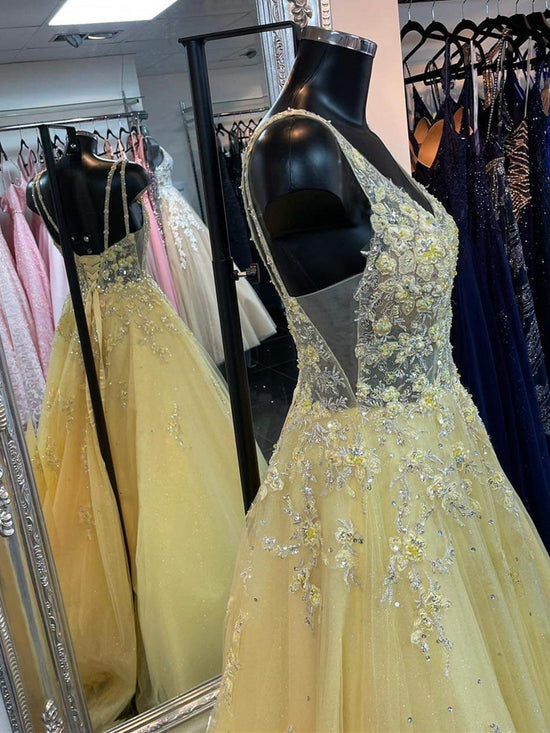 A-line V Neck Open Back Lace Floral Long Prom Dresses Yellow Tulle Formal Gowns-BIZTUNNEL