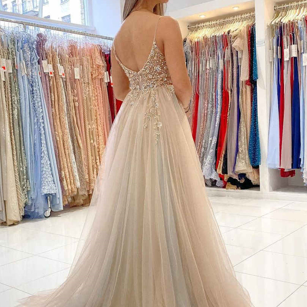 A-line V Neck Open Back Tulle Beaded Long Prom Dress with High Slit Gr BIZTUNNEL A-line V Neck Open Back Tulle Beaded Long Prom Dress with High Slit Gr BIZTUNNEL