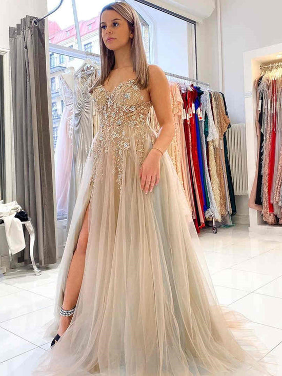 A-line V Neck Open Back Tulle Beaded Long Prom Dress with High Slit Gray Formal Evening Gowns-BIZTUNNEL