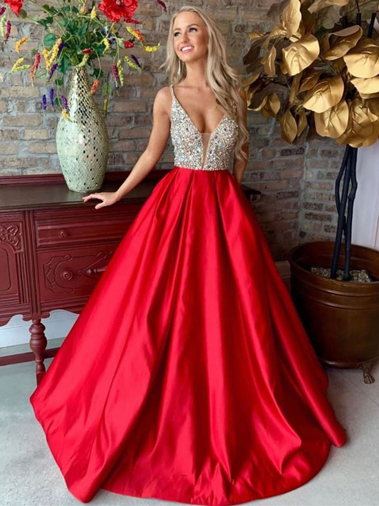 A-line V Neck Satin Beading Long Prom Dresses Red Formal Party Gowns-BIZTUNNEL