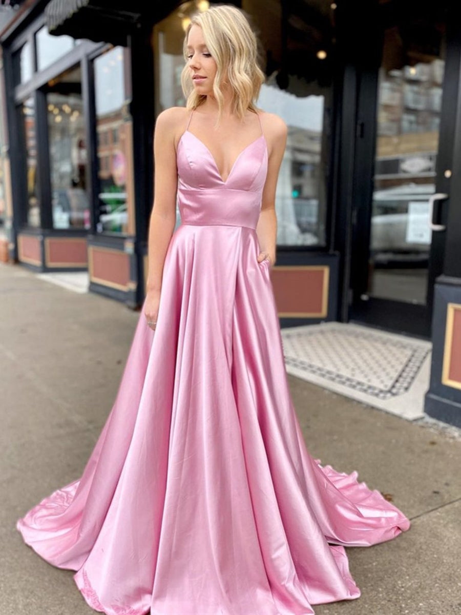A Line V Neck Satin Long Prom Dresses with High Slit Backless Formal Gowns with Pocket-BIZTUNNEL