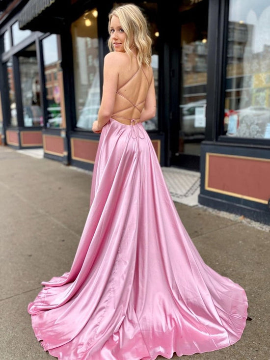 Load image into Gallery viewer, A Line V Neck Satin Long Prom Dresses with High Slit Backless Formal Gowns with Pocket-BIZTUNNEL
