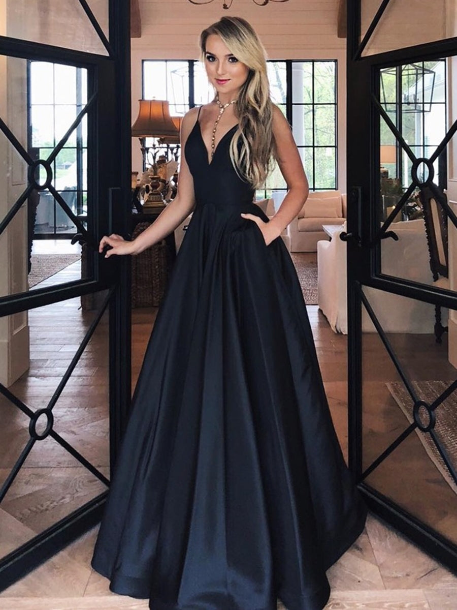 A-line V Neck Satin Long Prom Dresses with Pockets Simple Black Formal Graduation Evening Gowns-BIZTUNNEL