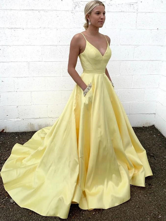 A-line V Neck Satin Long Prom Dresses with Pockets Yellow Formal Evening Gowns-BIZTUNNEL