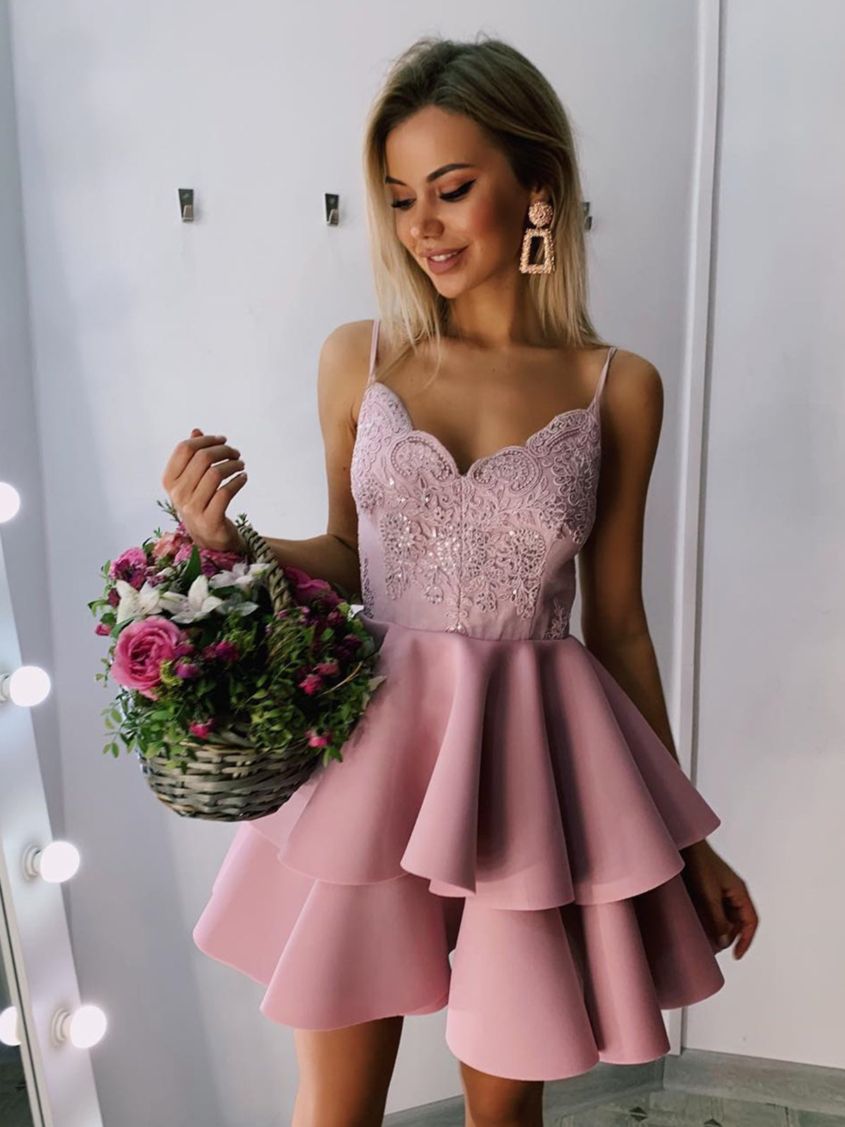 A Line V Neck Short Lace Satin Prom Formal Homecoming Dresses-BIZTUNNEL
