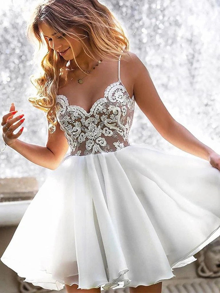 A-line V Neck Short White Lace Prom Dresses Chiffon Formal Graduation Homecoming Gowns-BIZTUNNEL