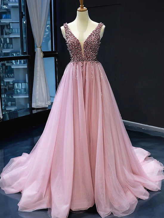 A Line V Neck Tulle Beading Long Formal Prom Dresses with Corset Back-BIZTUNNEL