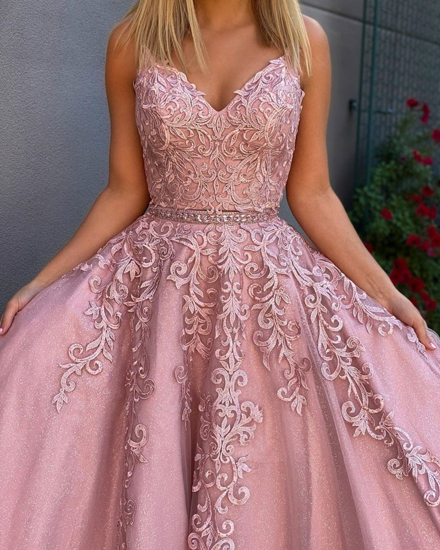 A Line V Neck Tulle Lace Appliques Long Formal Prom Dresses with Belt-BIZTUNNEL