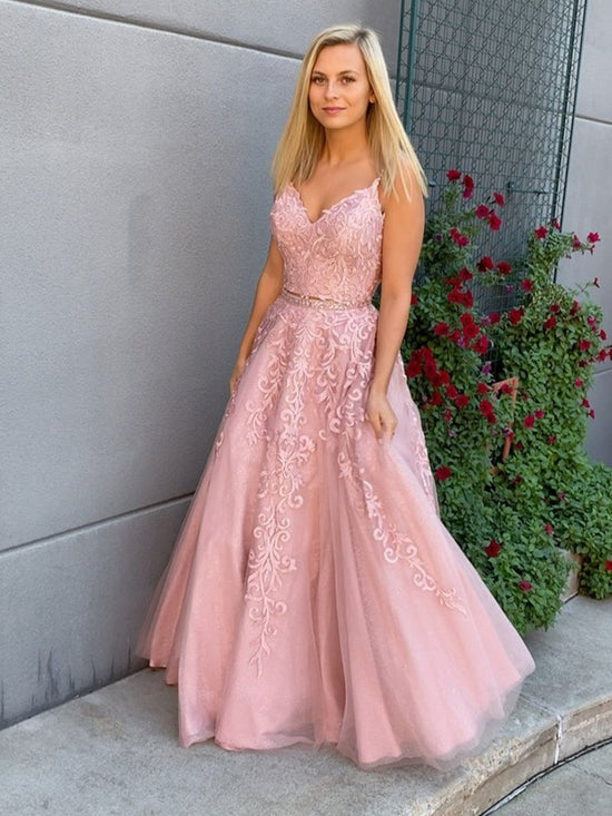 A Line V Neck Tulle Lace Appliques Long Formal Prom Dresses with Belt-BIZTUNNEL