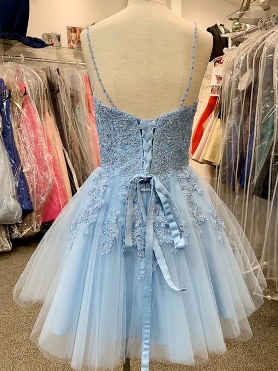 A Line V Neck Tulle Lace Appliques Short Prom Homecoming Dresses-BIZTUNNEL