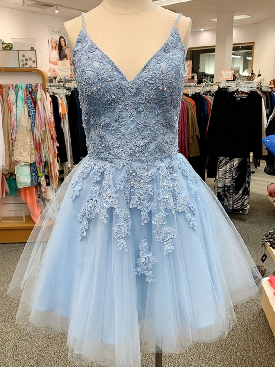A Line V Neck Tulle Lace Appliques Short Prom Homecoming Dresses-BIZTUNNEL