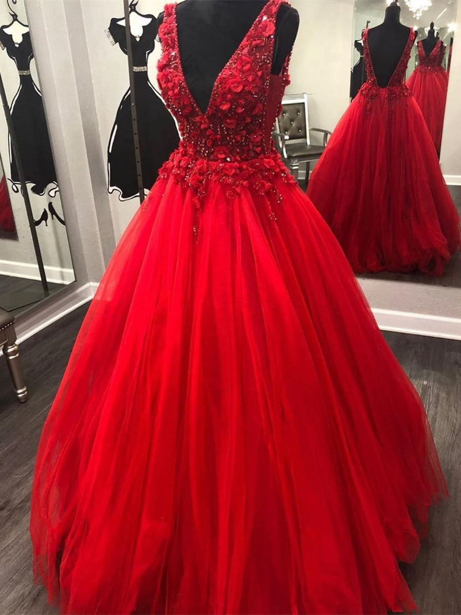 A-line V-neck Tulle Lace Long Prom Dresses Red Open Back Formal Evening Gowns-BIZTUNNEL