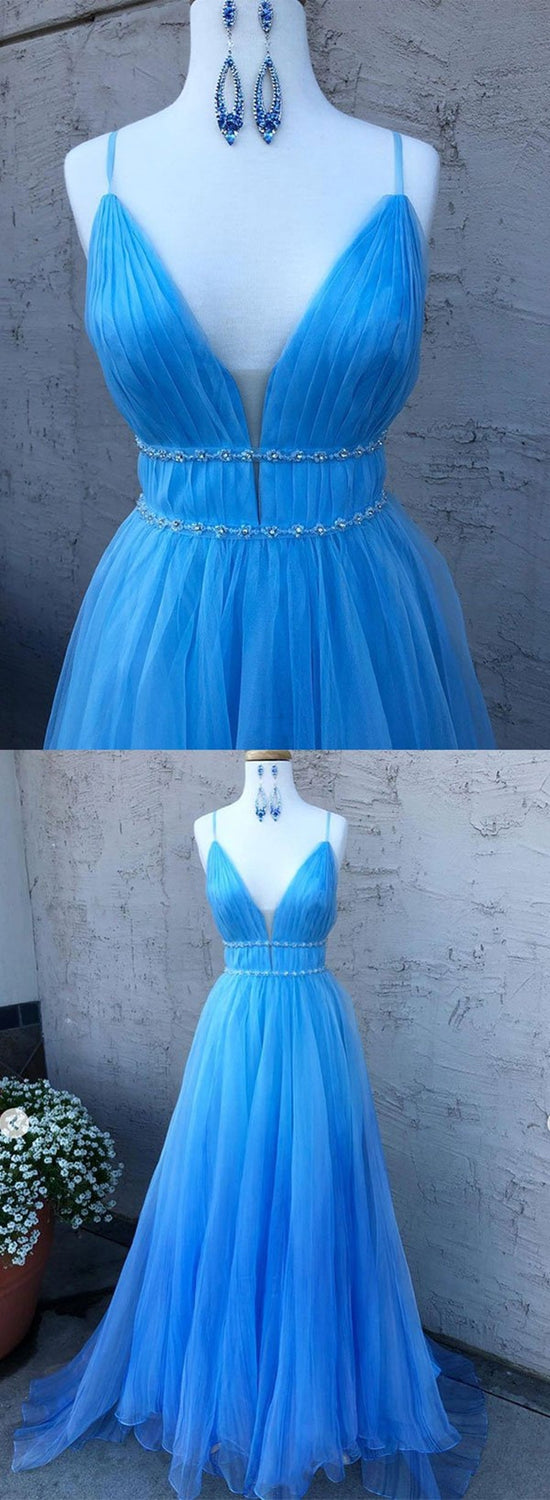 Carregar imagem no visualizador da galeria, A Line V Neck Tulle Long Prom Dresses with Thin Belt Blue Formal Evening Gowns-BIZTUNNEL
