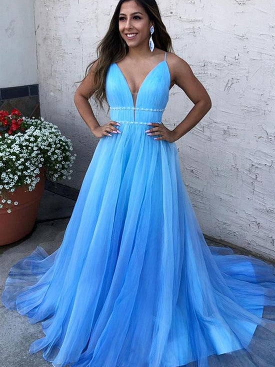 A Line V Neck Tulle Long Prom Dresses with Thin Belt Blue Formal Evening Gowns-BIZTUNNEL
