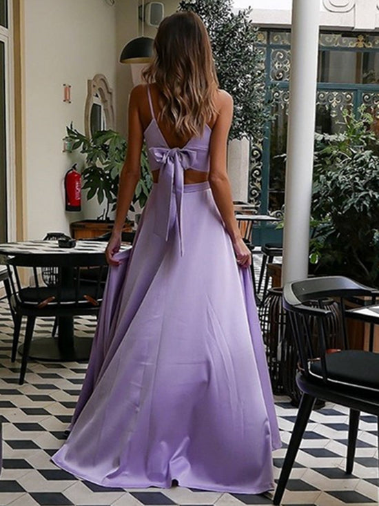 A Line V Neck Two Pieces Long Formal Evening Prom Dresses with High Slit-BIZTUNNEL