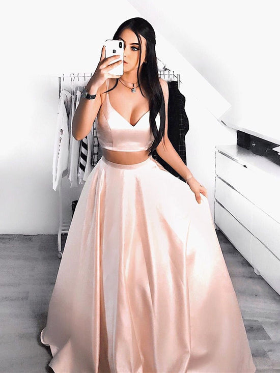 A Line V Neck Two Pieces Satin Long Prom Formal Evening Party Dresses-BIZTUNNEL