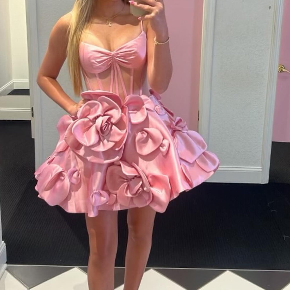 
                  
                     A Line Yellow Corset Short Homecoming Dress With 3D Flowers
                  
                