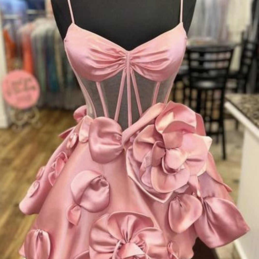 
                  
                     A Line Yellow Corset Short Homecoming Dress With 3D Flowers
                  
                