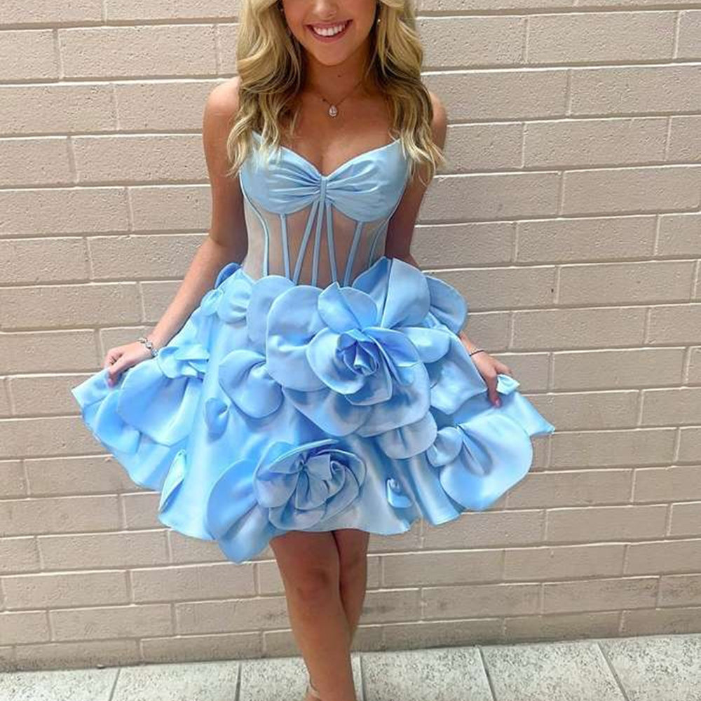 
                  
                     A Line Yellow Corset Short Homecoming Dress With 3D Flowers
                  
                