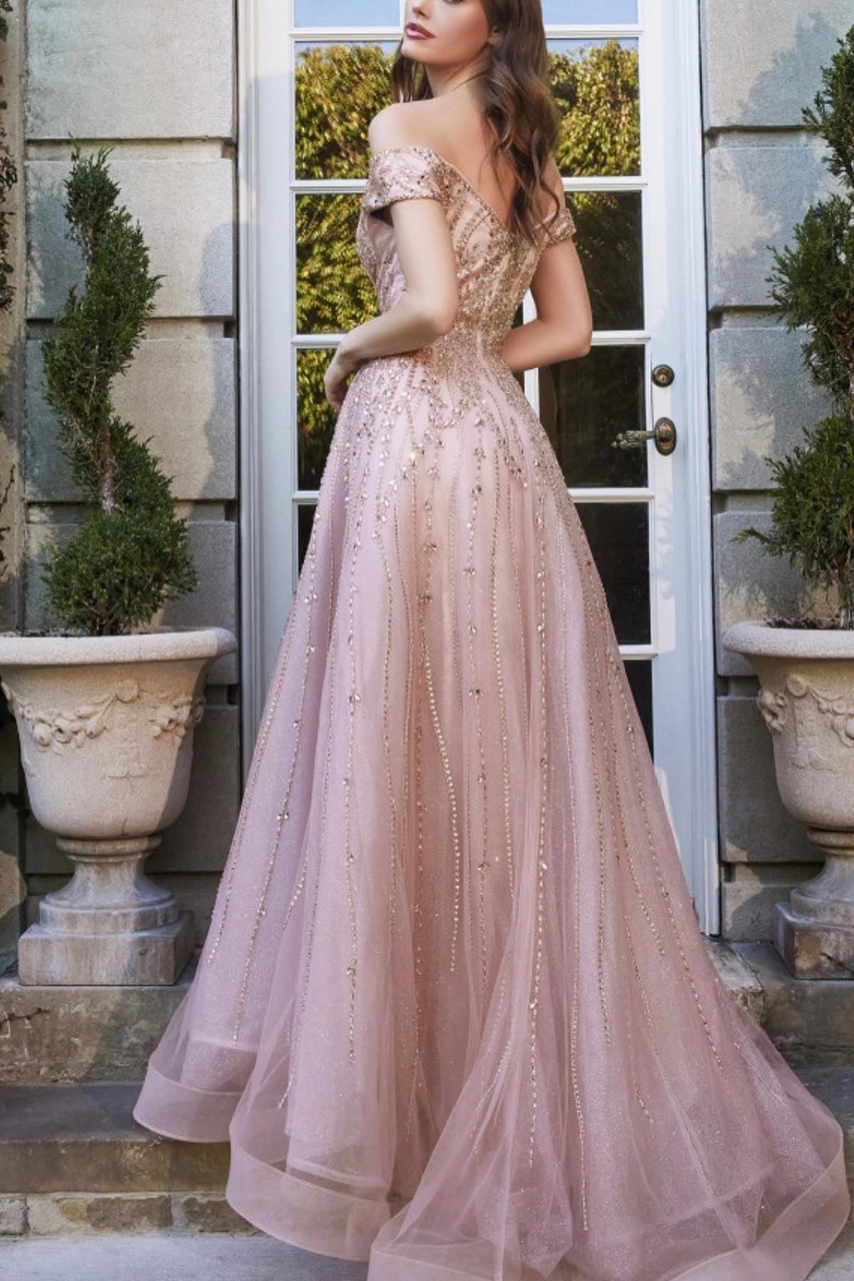 Off-The-Shoulder Pink Sweetheart Prom Dress With Beads and Sequins Tulle
