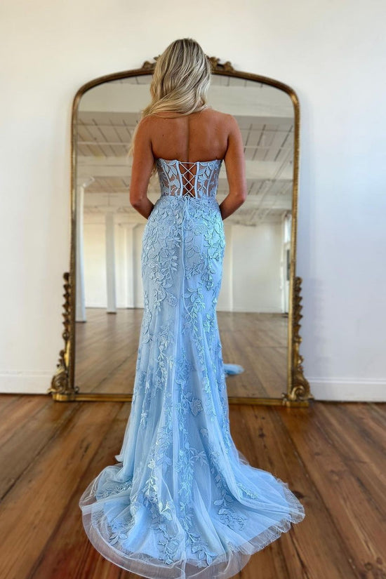 Prom Dress: Baby Blue Ball Gown adorned with Mermaid Appliques