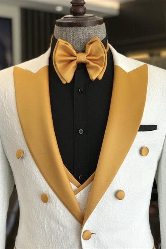 
                  
                    Abel Modern White Three Pieces Jacquard Wedding Suits With Yellow Peaked Lapel
                  
                