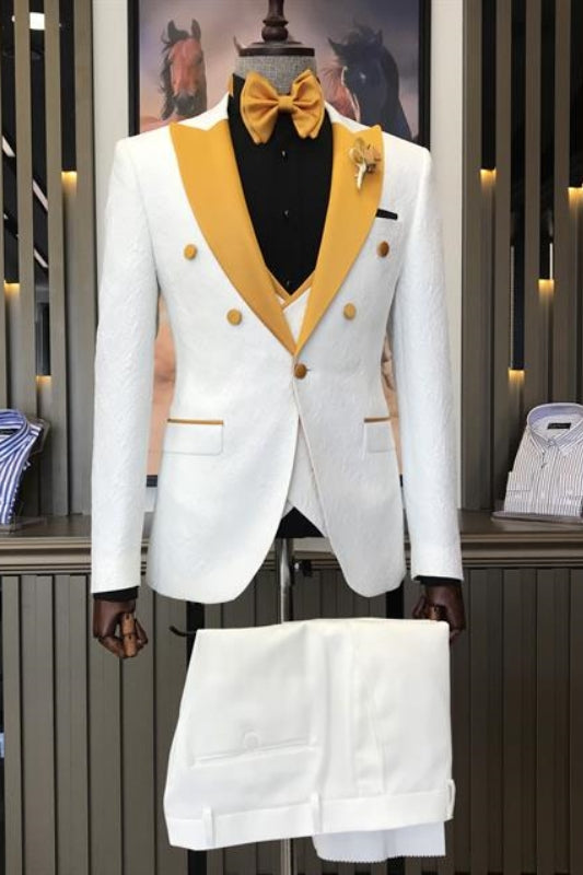 Abel Modern White Three Pieces Jacquard Wedding Suits With Yellow Peaked Lapel