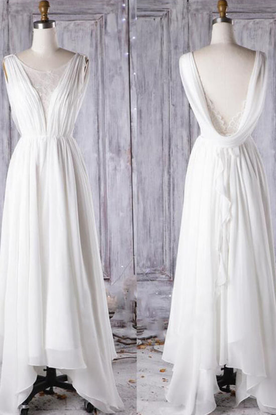 Load image into Gallery viewer, Affordable A-line Asymmetric Lace Chiffon Open Back Wedding Dress-BIZTUNNEL
