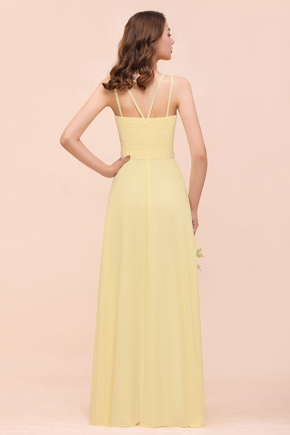 Load image into Gallery viewer, Affordable A-line Jewel Chiffon Long Daffodil Bridesmaid Dress with Ruffle-BIZTUNNEL
