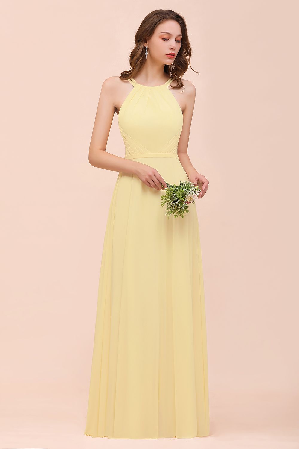 Affordable A-Line Jewel Chiffon Long Daffodil Bridesmaid Dress with Ruffle Affordable A-Line Jewel Chiffon Long Daffodil Bridesmaid Dress with Ruffle