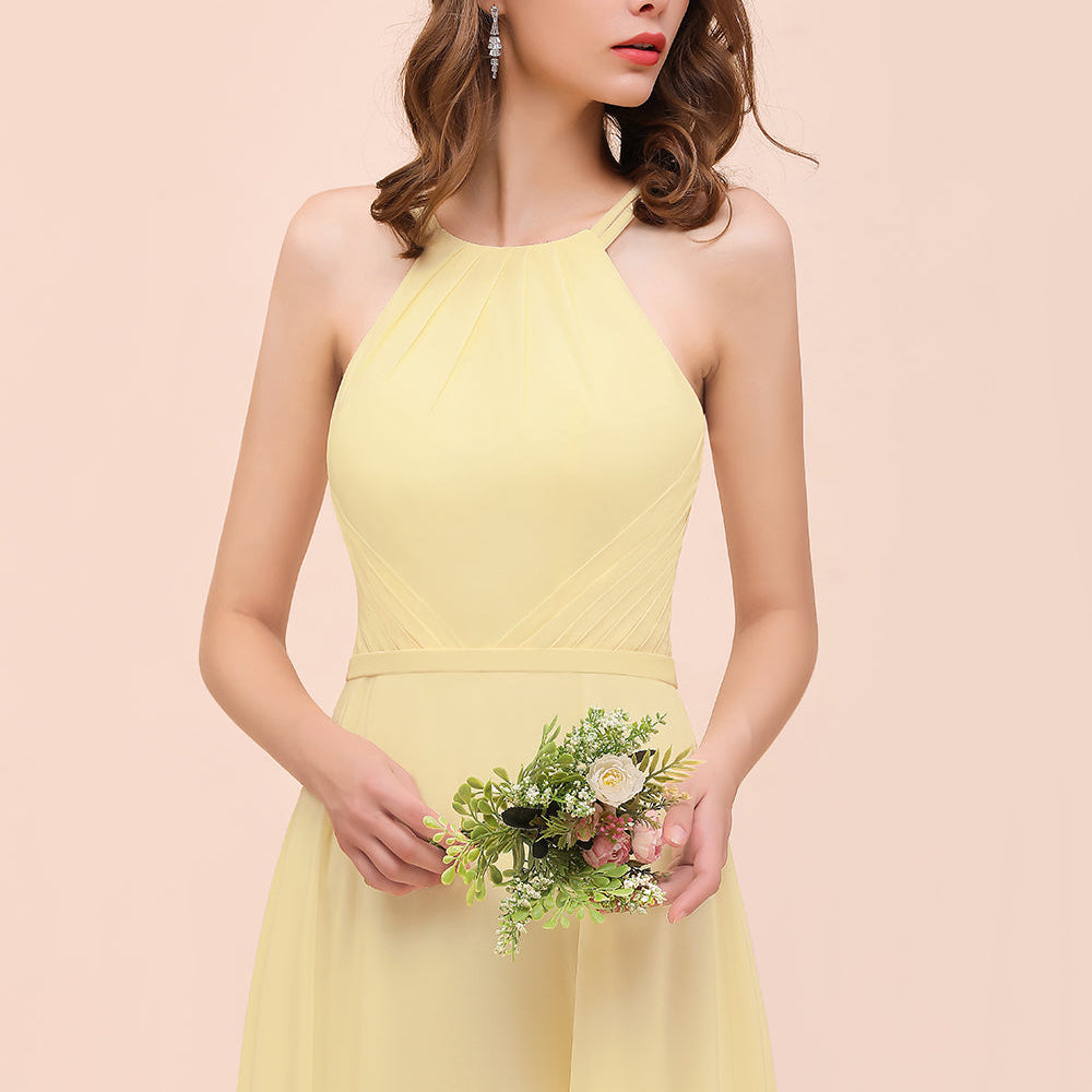 Affordable A-line Jewel Chiffon Long Daffodil Bridesmaid Dress with Ruffle Affordable A-line Jewel Chiffon Long Daffodil Bridesmaid Dress with Ruffle