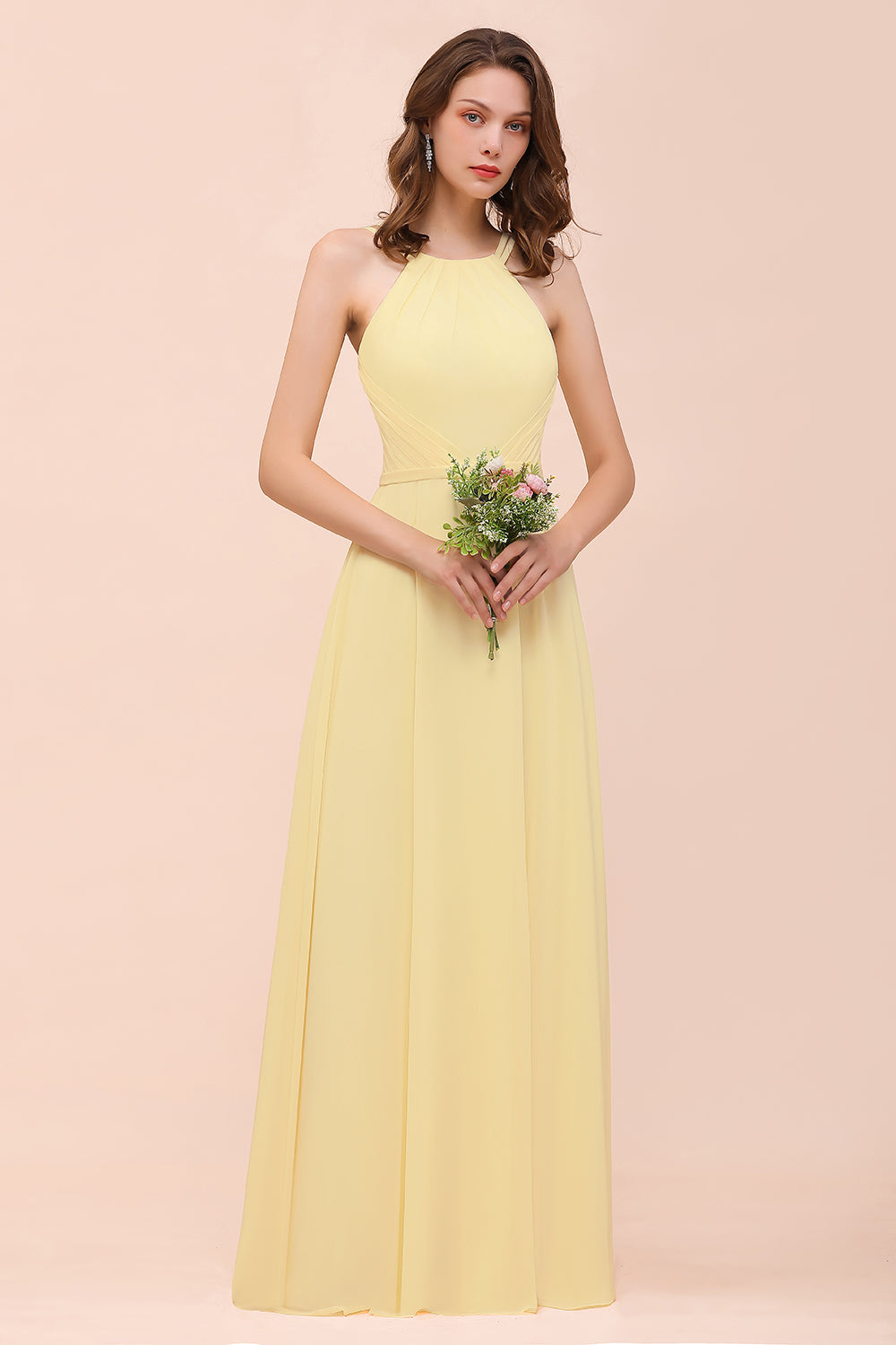 Load image into Gallery viewer, Affordable A-line Jewel Chiffon Long Daffodil Bridesmaid Dress with Ruffle-BIZTUNNEL

