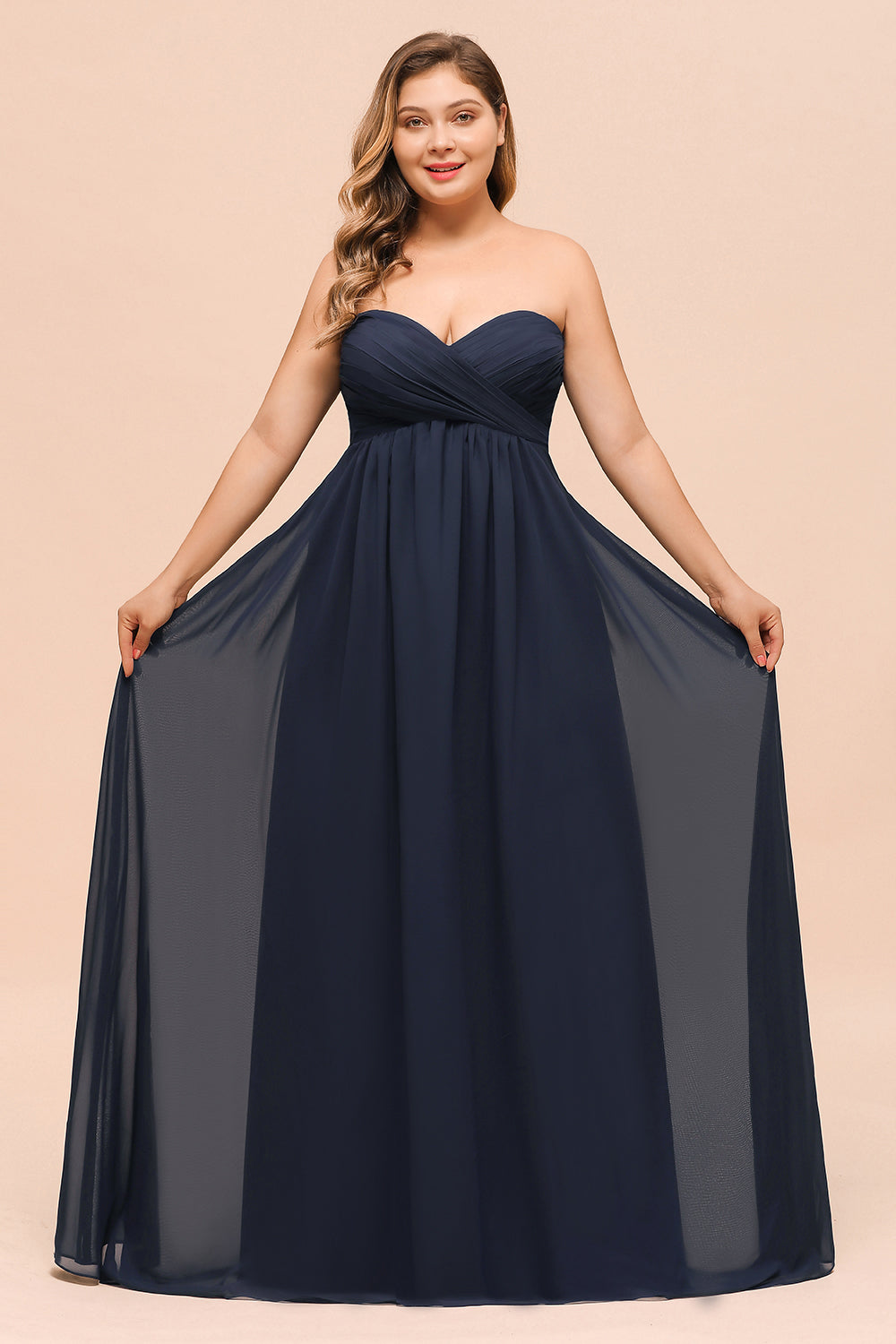 Affordable Dark Navy Long Sweetheart Chiffon Plus Size Bridesmaid Dress-BIZTUNNEL