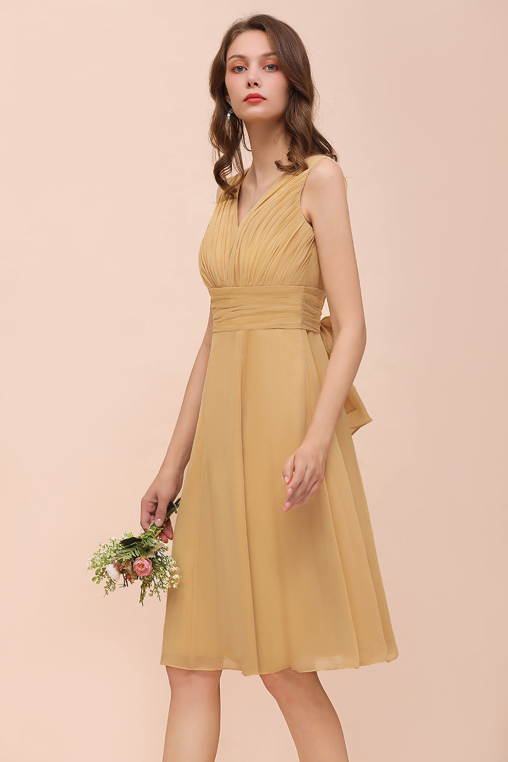 inexpensive gold dresses Affordable Gold Short A-line V-neck Chiffon Bridesmaid Dress with Bow – BIZTUNNEL