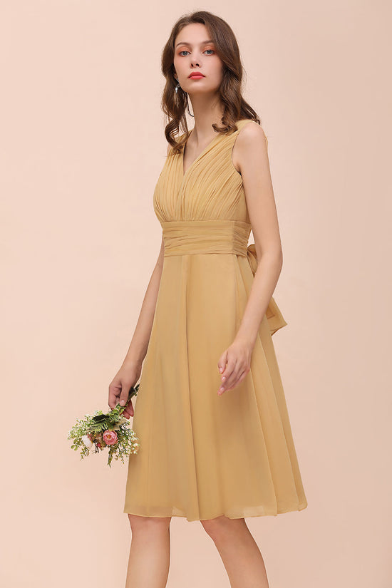 Affordable Gold Short A-line V-neck Chiffon Bridesmaid Dress with Bow-BIZTUNNEL