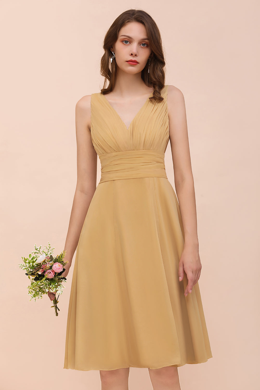 Affordable Gold Short A-line V-neck Chiffon Bridesmaid Dress with Bow-BIZTUNNEL