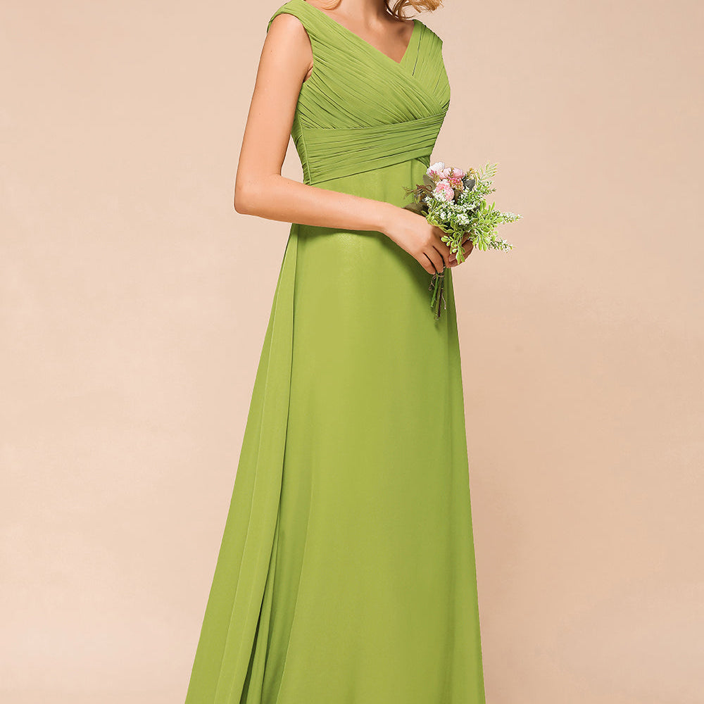 Affordable Green A-line V-neck Chiffon Long Bridesmaid Dress  BIZTUNNEL