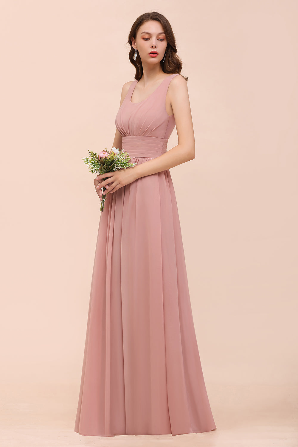 Affordable Long A-line Chiffon Mauve Bridesmaid Dress-BIZTUNNEL