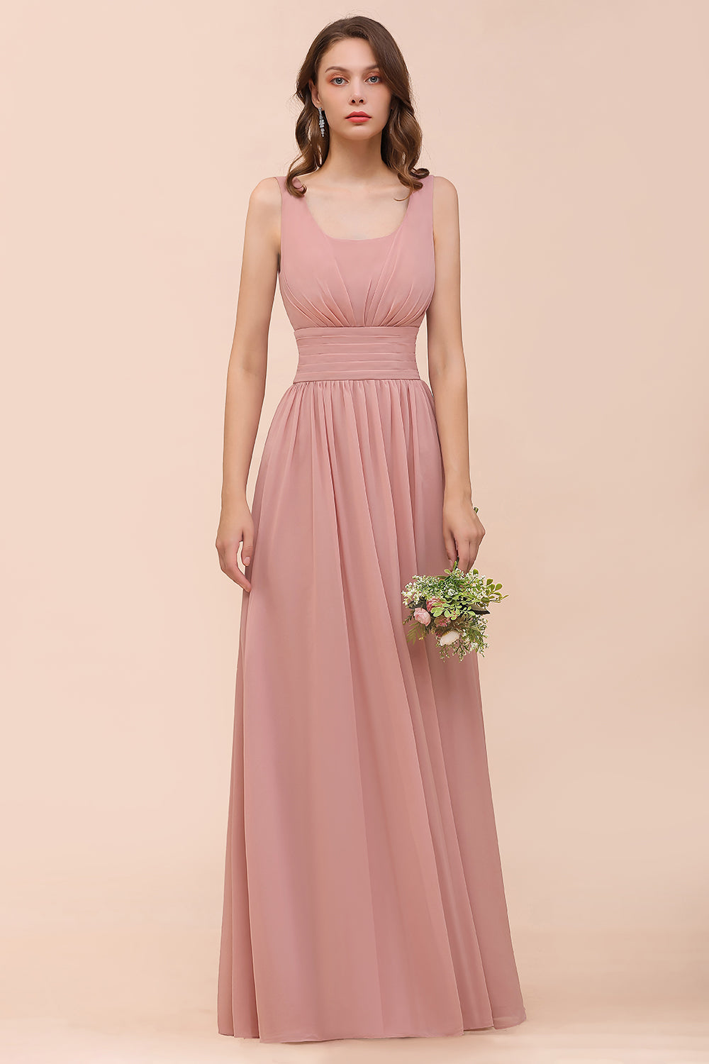 Affordable Long A-line Chiffon Mauve Bridesmaid Dress-BIZTUNNEL