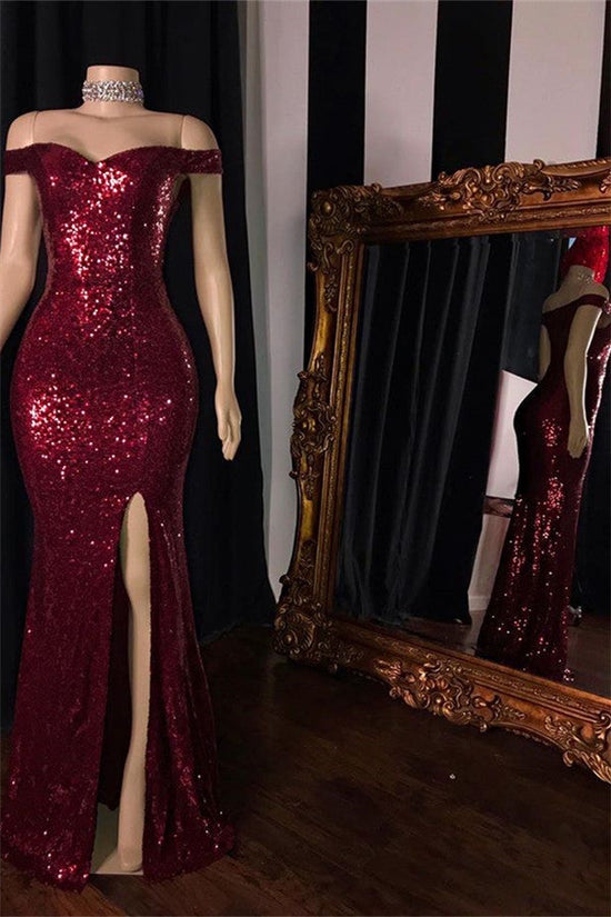 Affordable Long Mermaid Off-the-shoulder Sequined Prom Dress with Slit-BIZTUNNEL