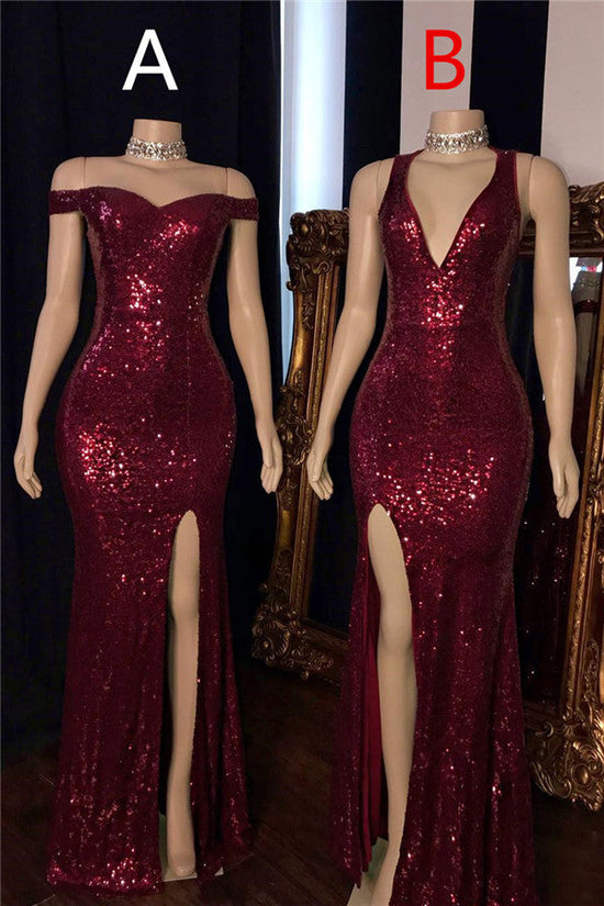 Affordable Long Mermaid Off-the-shoulder Sequined Prom Dress with Slit-BIZTUNNEL