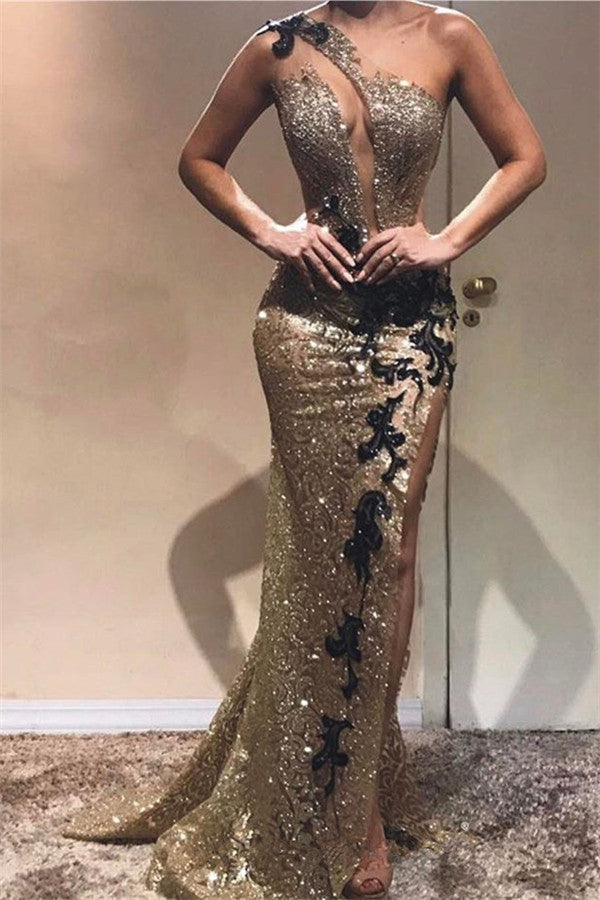 Affordable Long Mermaid One Shoulder Appliques Lace Prom Dress with Sleeves-BIZTUNNEL
