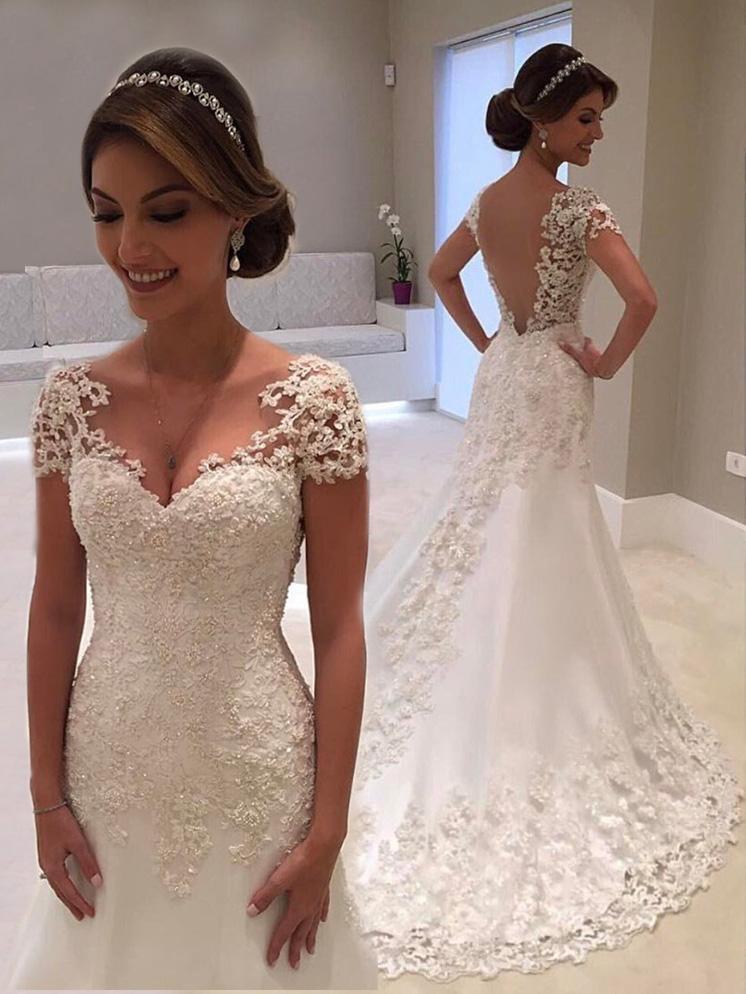 Load image into Gallery viewer, Affordable Long Mermaid V-Neck Lace Backless Wedding Dresses with Cap Sleeves-BIZTUNNEL
