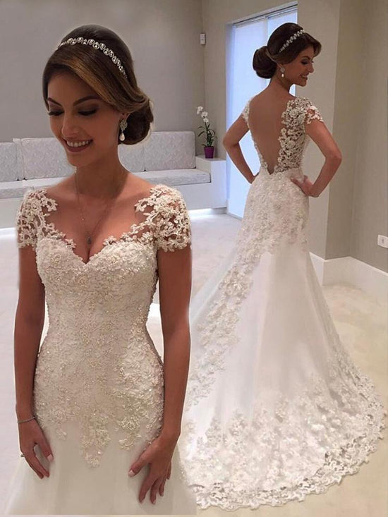 Affordable Long Mermaid V-Neck Lace Backless Wedding Dresses with Cap Sleeves-BIZTUNNEL