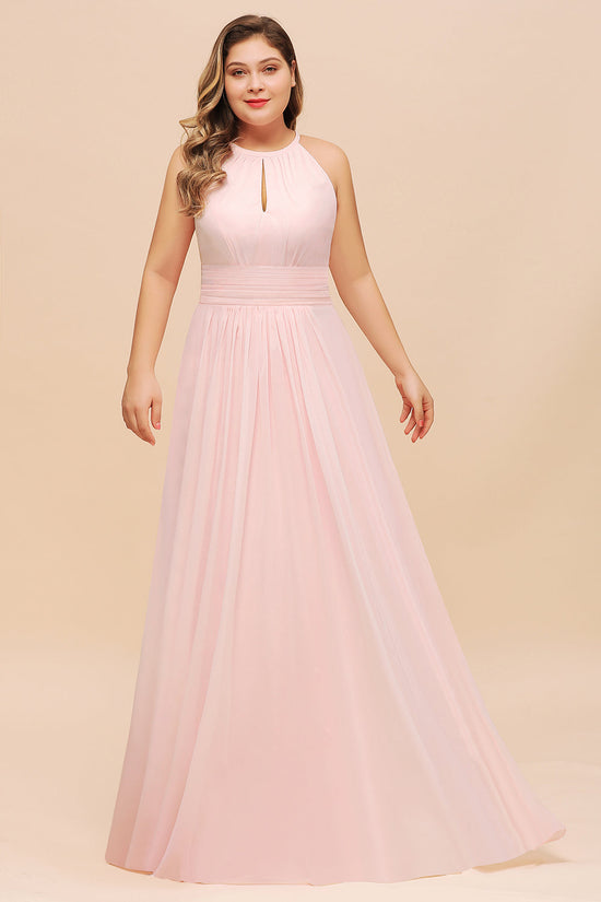 Carregar imagem no visualizador da galeria, Affordable Pink Long Halter Chiffon Plus Size Bridesmaid Dress-BIZTUNNEL
