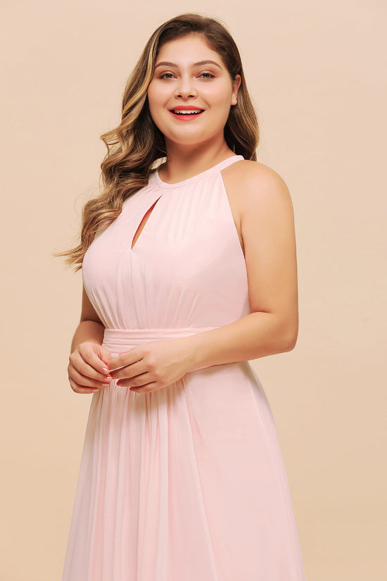 Load image into Gallery viewer, Affordable Pink Long Halter Chiffon Plus Size Bridesmaid Dress-BIZTUNNEL

