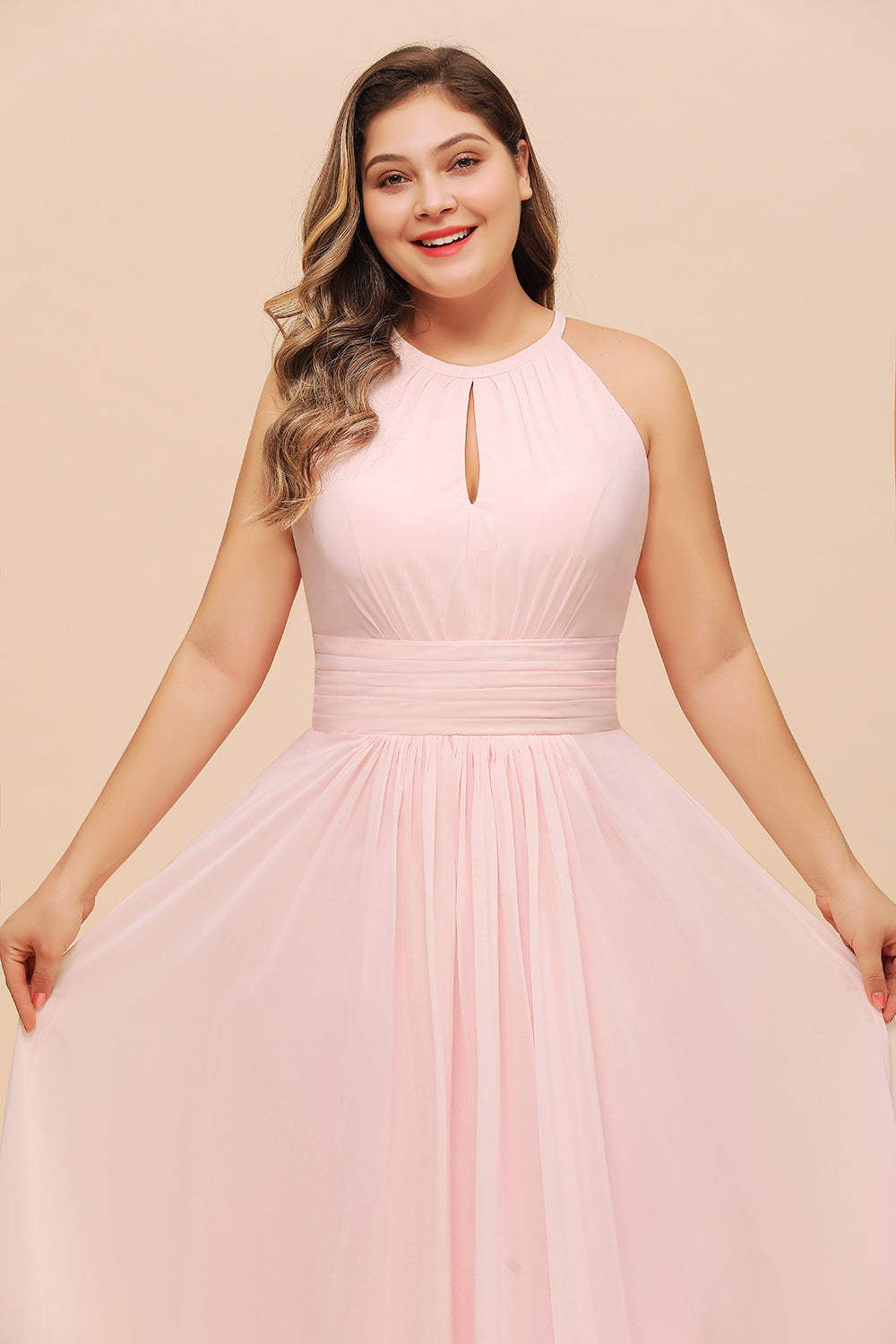 Affordable Pink Long Halter Chiffon Plus Size Bridesmaid Dress – BIZTUNNEL