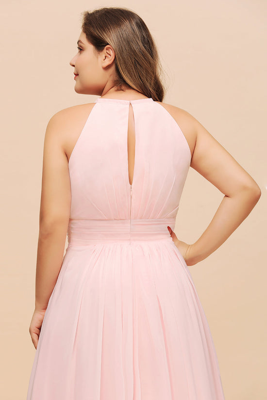Load image into Gallery viewer, Affordable Pink Long Halter Chiffon Plus Size Bridesmaid Dress-BIZTUNNEL
