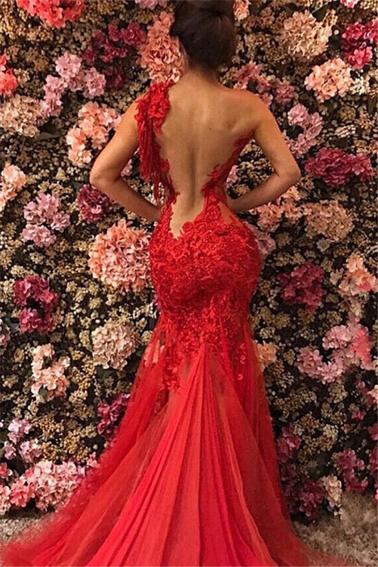 Affordable Red Long Mermaid One Shoulder Tulle Lace Prom Dress-BIZTUNNEL